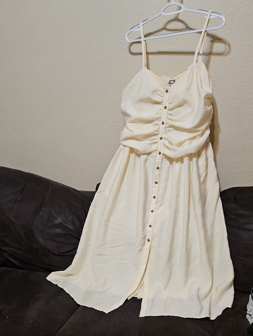 Cream Ruched Button-Front Midi Dress with Spaghetti Straps